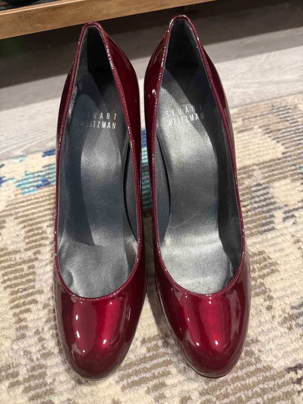 Stuart Weitzman Patent Burgundy Round-Toe Pumps